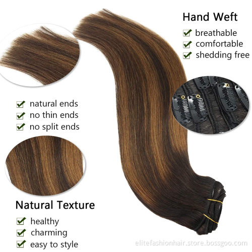 Clip in Human Hair Extensions, 18 Inch 120g 7pcs Dark Brown to Chestnut Brown Balayage Hair Extensions Clip In Human Hair